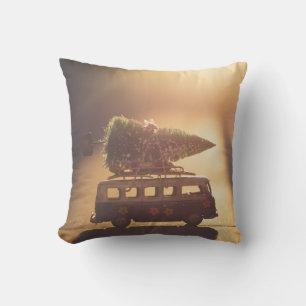 Christmas Tree on top Van, Bottle Brush Trees Throw Pillow