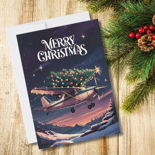 Christmas Tree on Vintage Airplane Photo Funny Holiday Card