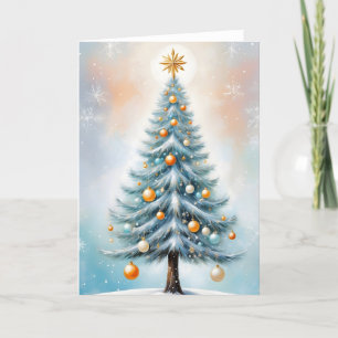 Christmas Tree Orange Ornaments and Snowflakes Holiday Card