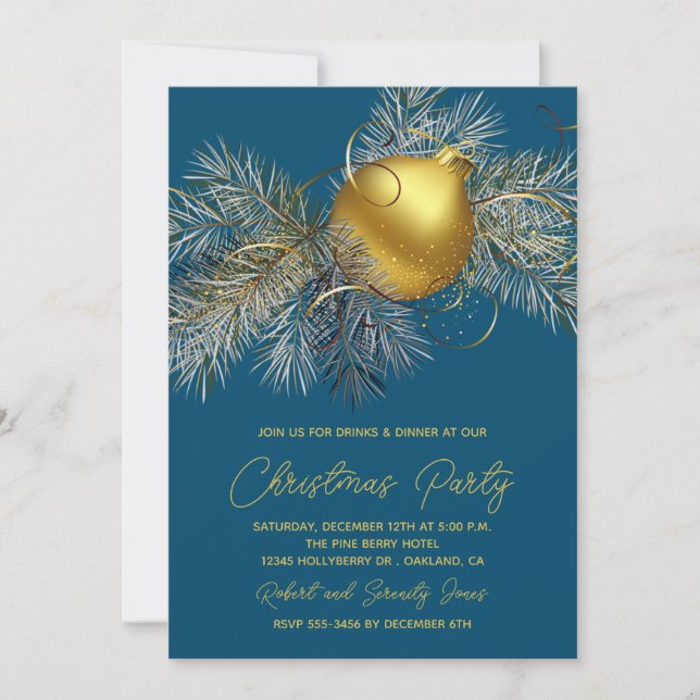 Christmas Tree Ornament Party Blue Invite (Front)