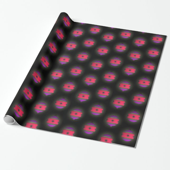 Christmas Tree Ornaments Pink Purple on Black Wrapping Paper (Unrolled)
