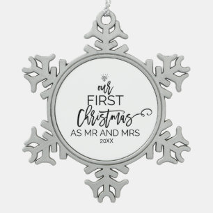 Christmas Tree Our First Christmas as Mr and Mrs Snowflake Pewter Christmas Ornament