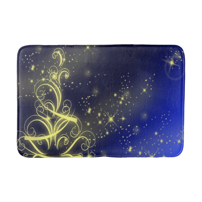 Christmas Tree Party Gold Stars Navy Blue Holidays Bath Mat (Front)
