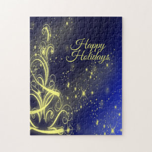 Christmas Tree Party Gold Stars Navy Blue Holidays Jigsaw Puzzle