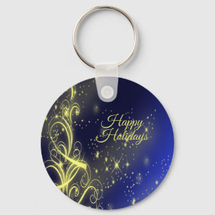Christmas Tree Party Gold Stars Navy Blue Holidays Keychain