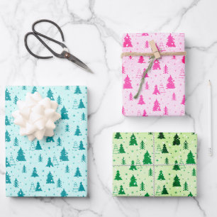 Christmas Tree Pastel Baby Blue Pink Green elegant Wrapping Paper Sheet