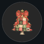 Christmas Tree Patchwork Coquette Bow Xmas Pyjamas Classic Round Sticker<br><div class="desc">Christmas Tree Patchwork Coquette Bow Xmas Pyjamas Holiday</div>