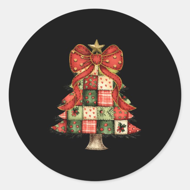 Christmas Tree Patchwork Coquette Bow Xmas Pyjamas Classic Round Sticker (Front)
