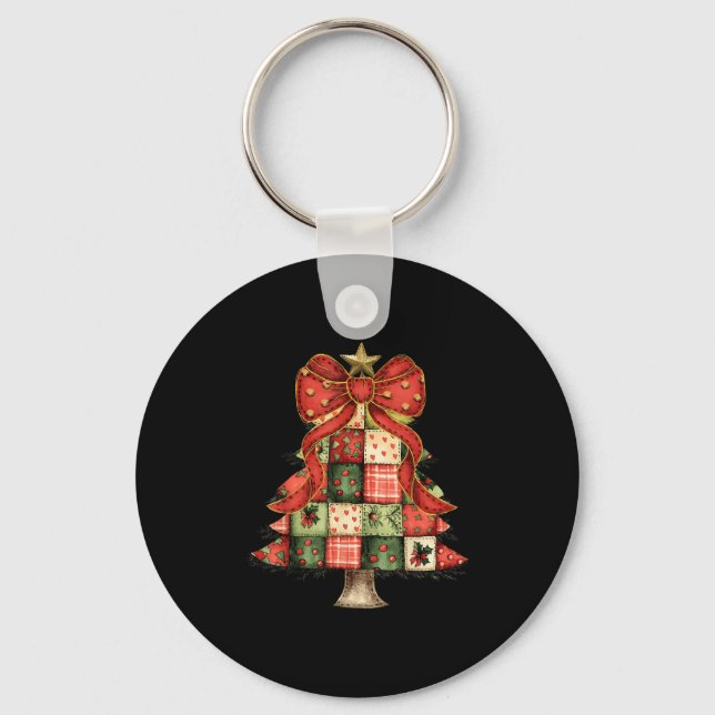 Christmas Tree Patchwork Coquette Bow Xmas Pyjamas Keychain (Front)