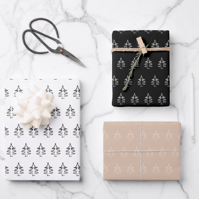 Christmas Tree Pattern Black And White Blush Green Wrapping Paper Sheet (Front)