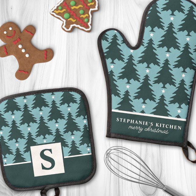 Christmas Tree Pattern Blue Green Monogrammed Oven Mitt & Pot Holder Set (Creator Uploaded)