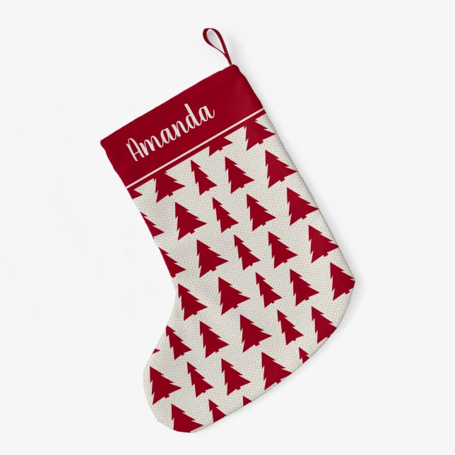 Christmas Tree Pattern Burgundy Beige Custom Name Small Christmas Stocking (Back (Hanging))