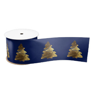 Christmas Tree Pattern Elegant Navy Blue and Gold Satin Ribbon