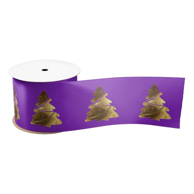 Christmas Tree Pattern Elegant Violet and Gold Satin Ribbon (Spool)