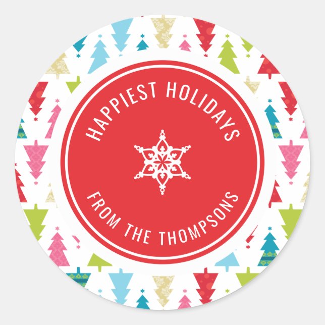 CHRISTMAS TREE PATTERN festive modern minimal red Classic Round Sticker (Front)