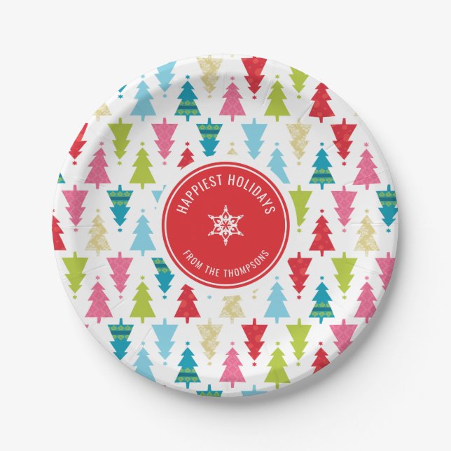 CHRISTMAS TREE PATTERN festive modern minimal red Paper Plate (Front)