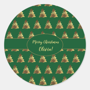 Christmas Tree Pattern Green and Gold Elegant Classic Round Sticker