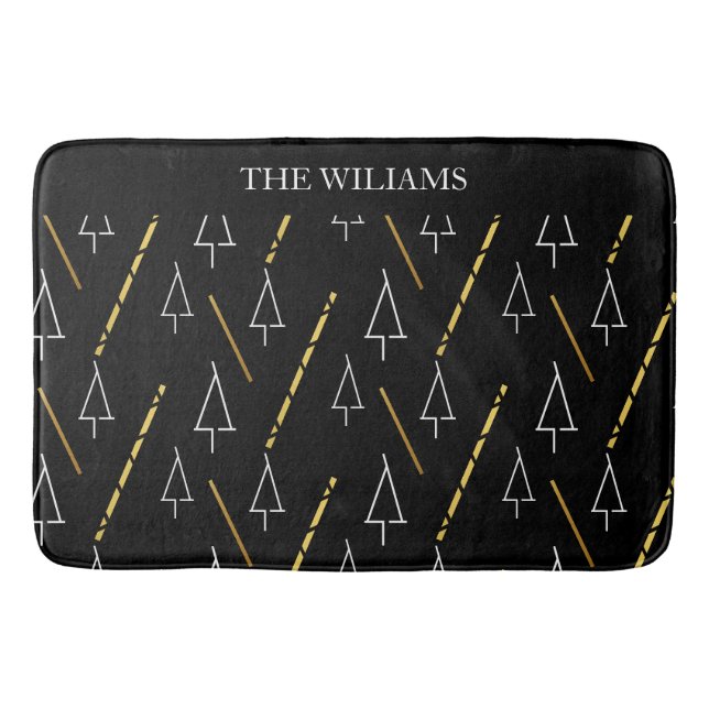 Christmas Tree Pattern In Black, White and Gold Bath Mat (Front)