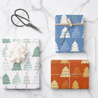 Christmas Tree Pattern in Retro Green Blue Russet Wrapping Paper Sheet