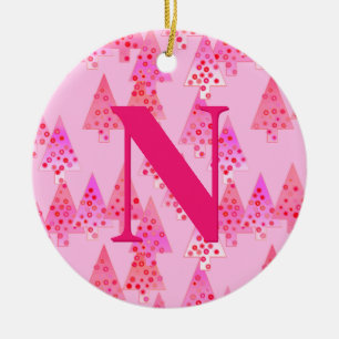 Christmas Tree Pattern, Pastel Pink Personalized  Ceramic Ornament