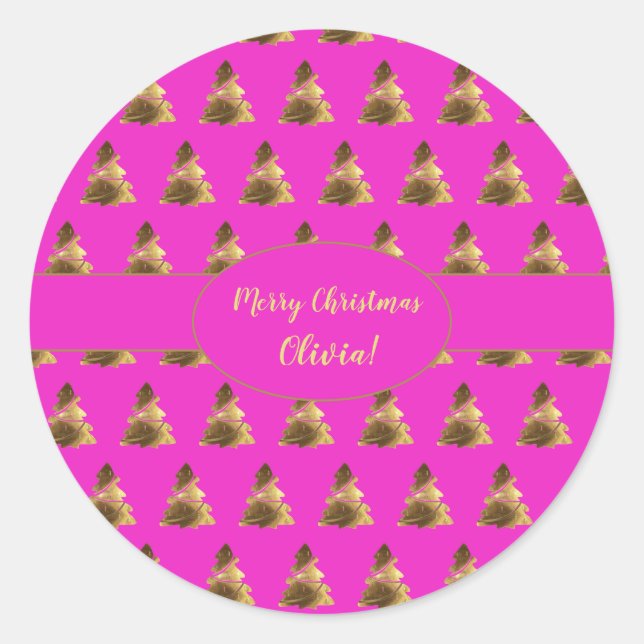 Christmas Tree Pattern Pink and Gold Elegant Classic Round Sticker (Front)
