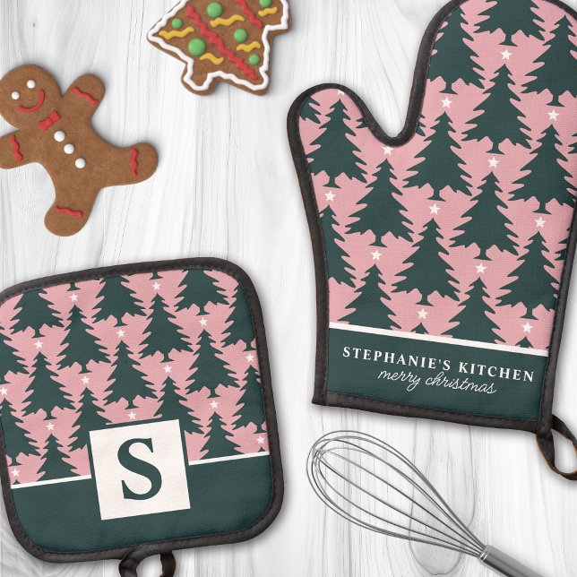 Christmas Tree Pattern Pink Green Monogrammed Oven Mitt & Pot Holder Set (Creator Uploaded)