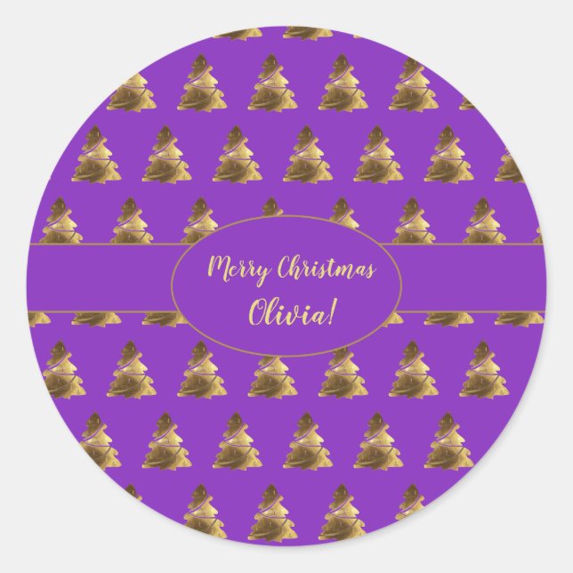 Christmas Tree Pattern Purple Violet Gold Elegant Classic Round Sticker (Front)