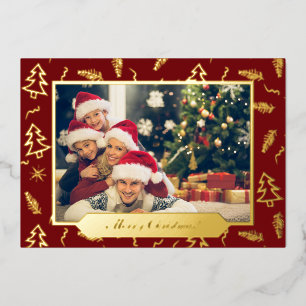 Christmas Tree Pattern Red Photo Gold Foil Holiday Card