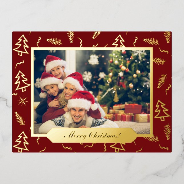 Christmas Tree Pattern Red Photo Gold Foil Holiday Postcard (Front)