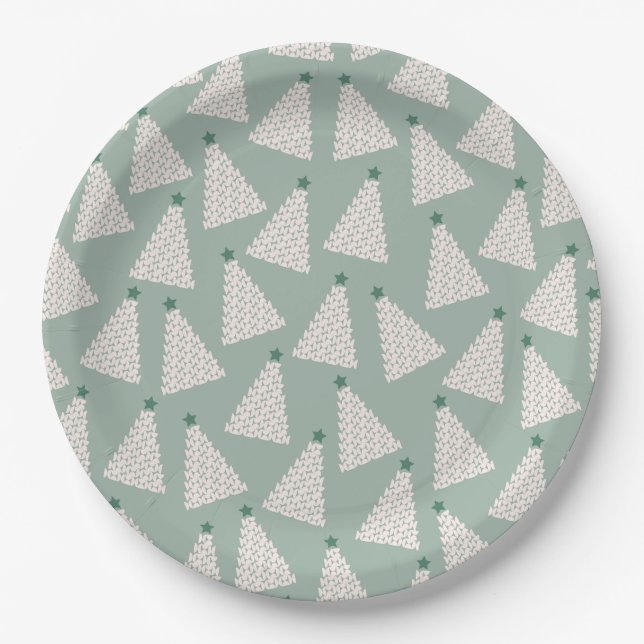Christmas Tree Pattern Sage Green Paper Plate (Front)