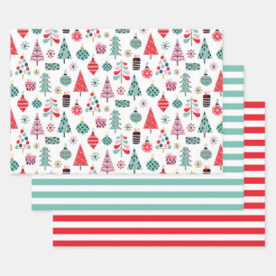 Christmas Tree Pattern & Stripes Cute Modern Wrapping Paper Sheet