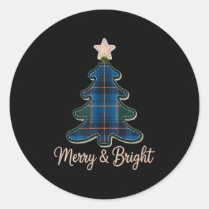 Christmas Tree Pattern Tartans Greens And Blue Pla Classic Round Sticker