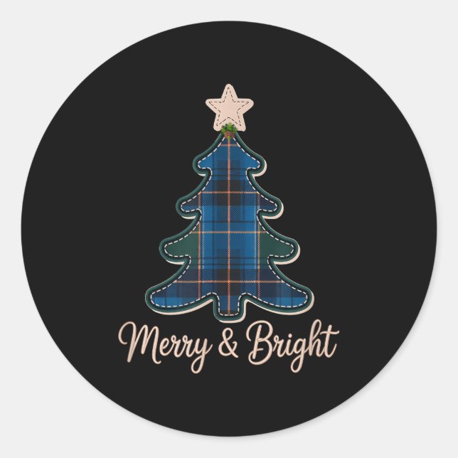 Christmas Tree Pattern Tartans Greens And Blue Pla Classic Round Sticker (Front)