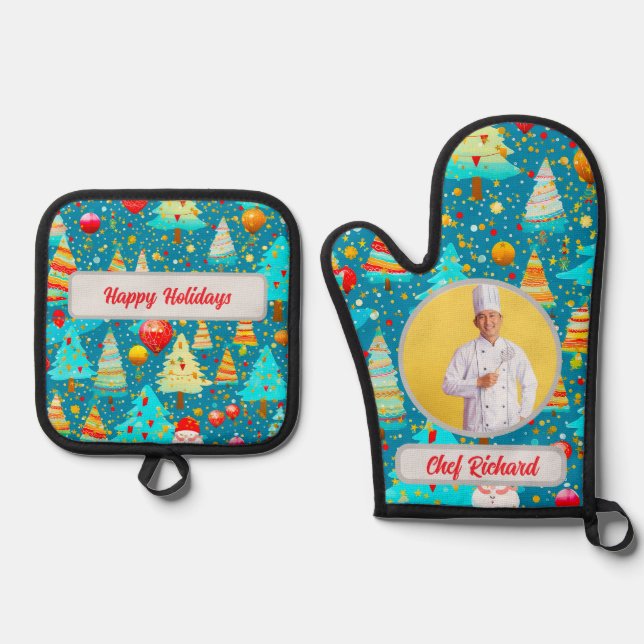 Christmas Tree Personalized Photo and Name Gift Oven Mitt & Pot Holder Set (Front)