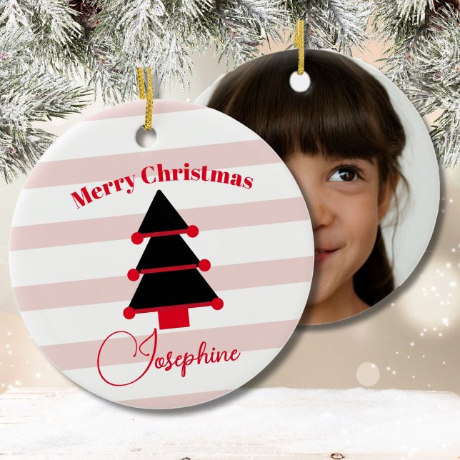 Christmas Tree Photo Pink Black Red Modern Ceramic Ornament (Creator Uploaded)
