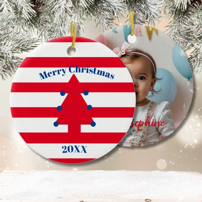 Christmas Tree Photo Red Blue White  Ceramic Ornament (Creator Uploaded)