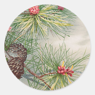 Christmas Tree Pines and Flower Painting Holiday Classic Round Sticker