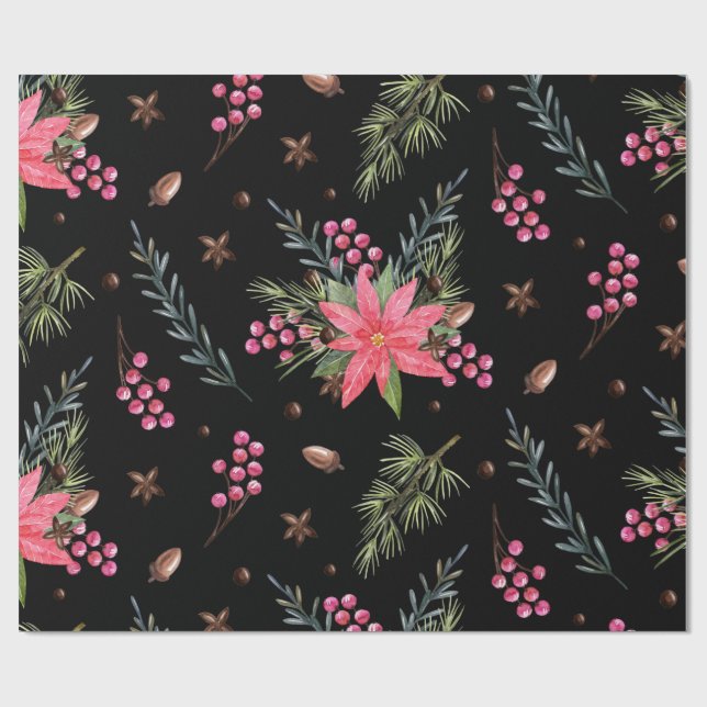 Christmas Tree Pink Berries Pattern Wrapping Paper (Flat)