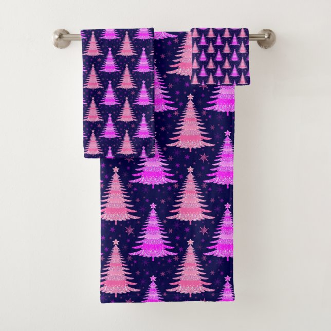 Christmas Tree Pink Blue Pattern Design  Bath Towel Set (Insitu)