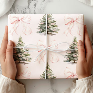 Christmas Tree Pink Bow Wrapping Paper