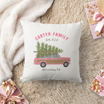 Christmas Tree Pink Family Wagon Car Throw Pillow<br><div class="desc">Illustration of a wood panelled pink suv car with fresh cut Christmas tree tied to its top.  Personalize the text.</div>