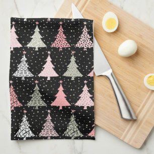 Christmas Tree Pink & Green with Black Background Kitchen Towel