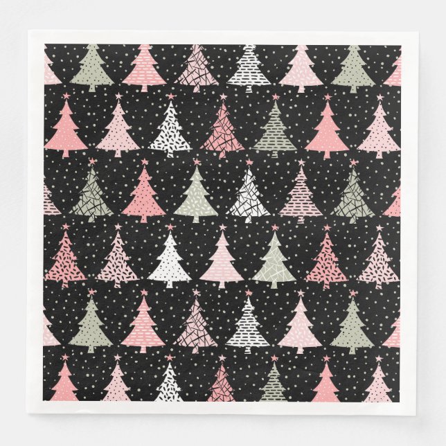 Christmas Tree Pink & Green with Black Background Napkin (Front)