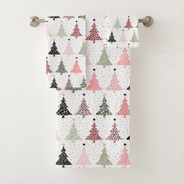 Christmas Tree Pink & Green with White Background Bath Towel Set (Insitu)