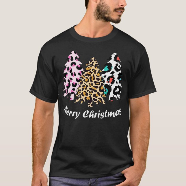 Christmas Tree Pink Leopard Pattern Christmas  T-Shirt (Front)