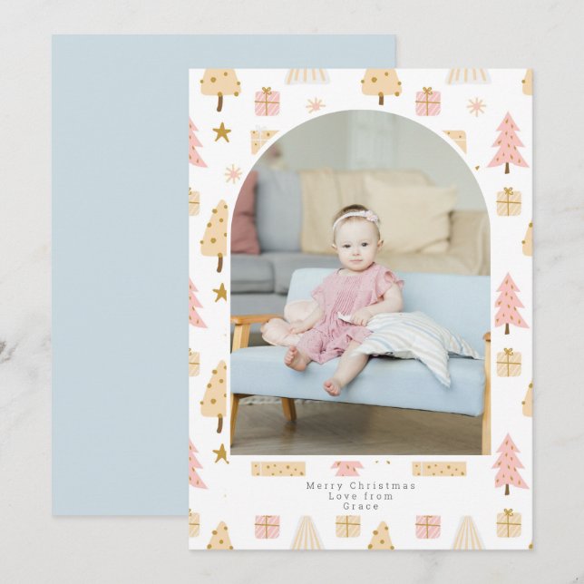 Christmas Tree Pink Pattern Photo Personalized Hol Holiday Card (Front/Back)