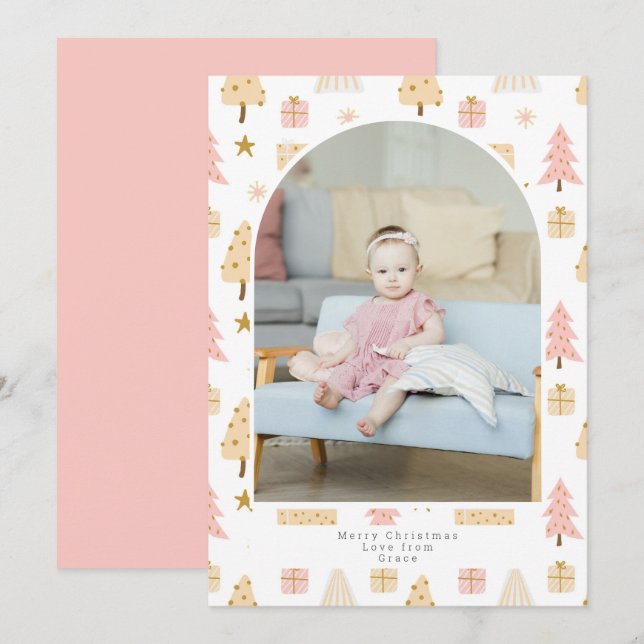 Christmas Tree Pink Pattern Photo Personalized Holiday Card (Front/Back)
