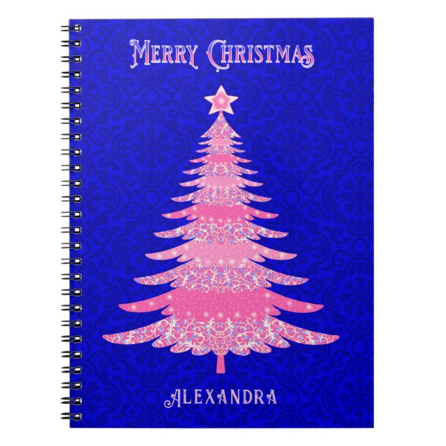 Christmas Tree Pink Personalized Snowflakes Notebook (Front)