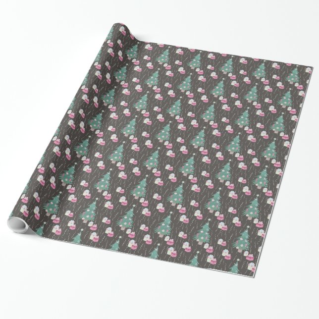 Christmas Tree Pink Presents Happy Holidays Wrapping Paper (Unrolled)