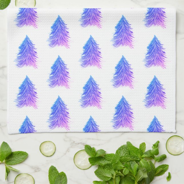 Christmas Tree Pink Watercolor Pattern Holiday Kitchen Towel (Folded)